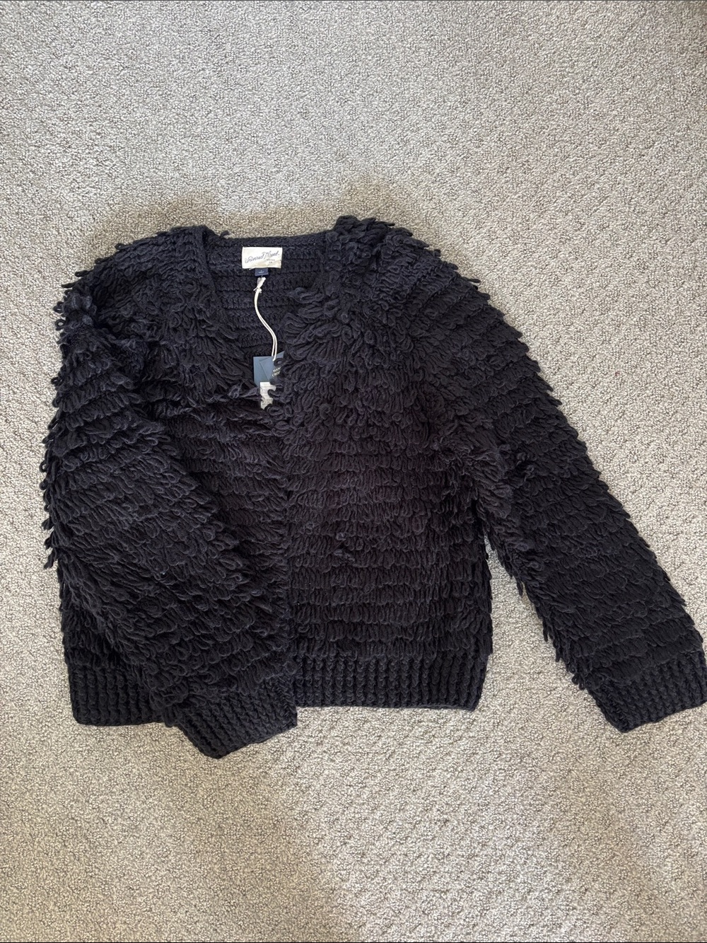 Universal Thread Black Loop-Fringe V-Neck Open Cardigan Hand Crochet Small